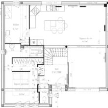 Plan rez de chaussée maison moderne grand angle