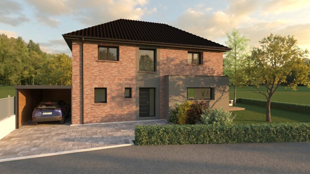 Façade avant d'une maison neuve à étage en brique à Saint-Amand-les-Eaux