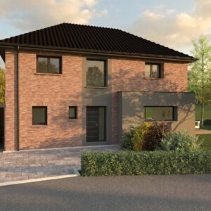 Façade avant d'une maison neuve à étage en brique à Saint-Amand-les-Eaux
